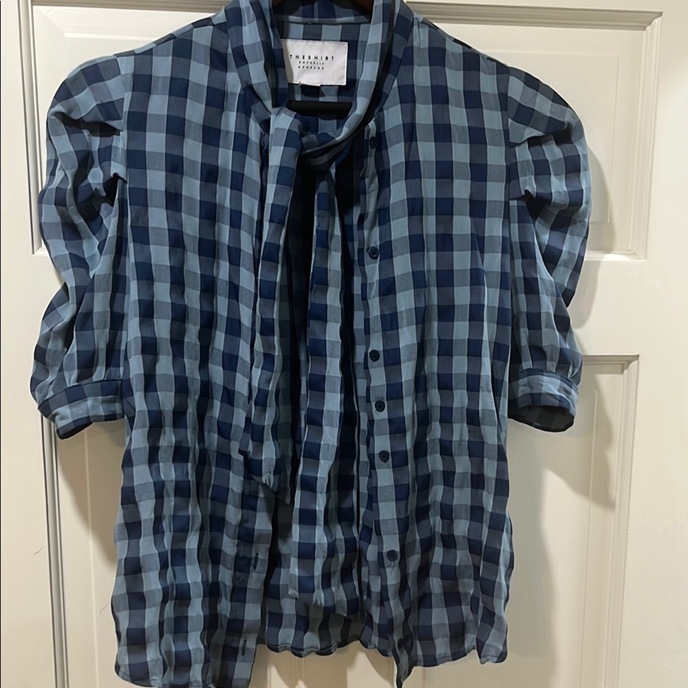 Blue Checkered Shirt The Shirt by Rochelle Behrens tie neck puff sleeve shirt